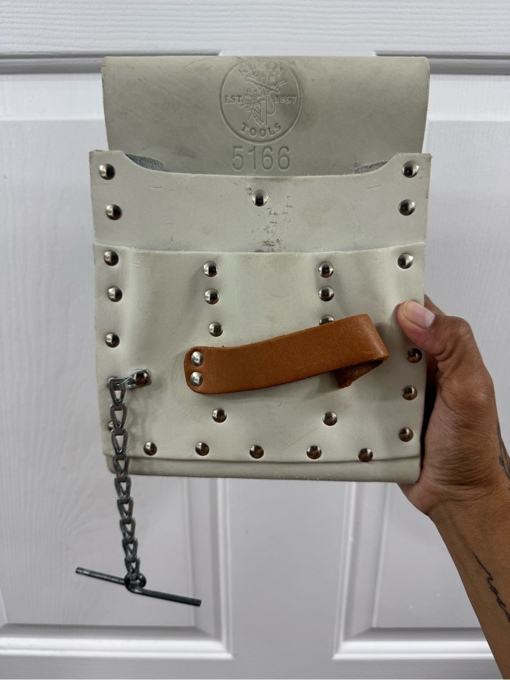 White Leather Belt Pouch with Tan Strap